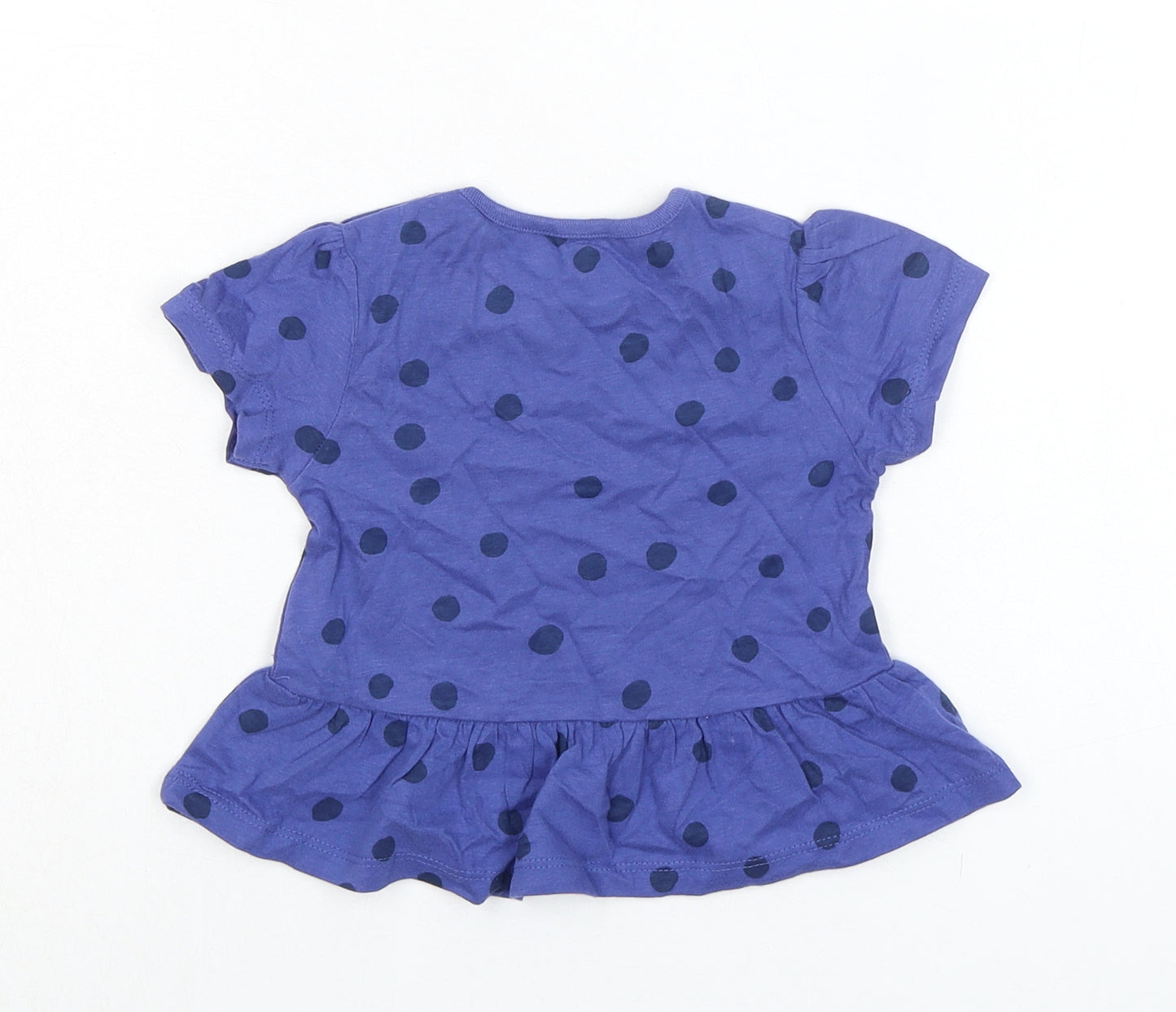 Marks and Spencer Girls Blue Spotted 100% Cotton Basic T-Shirt Size 9-12 Months Round Neck