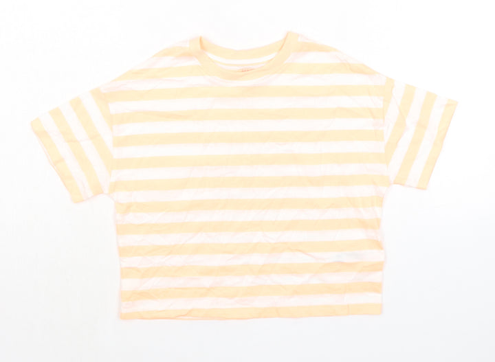 Marks and Spencer Boys Orange Striped Cotton Basic T-Shirt Size 7-8 Years Round Neck Pullover