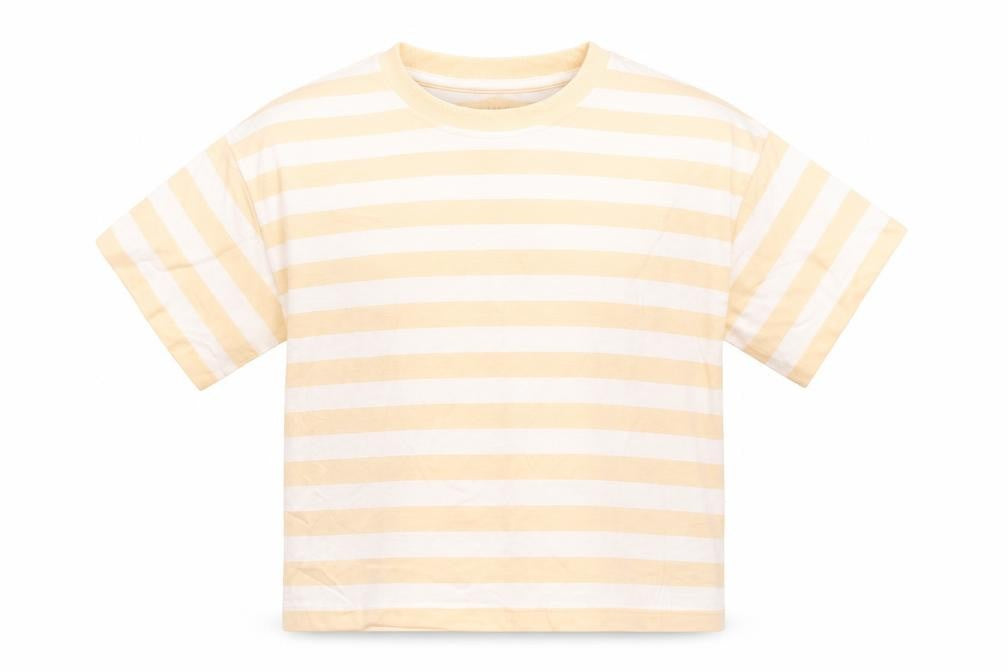 Front view of Marks & Spencer boys’ orange striped cotton basic t-shirt, size 7-8, years round neck pullover