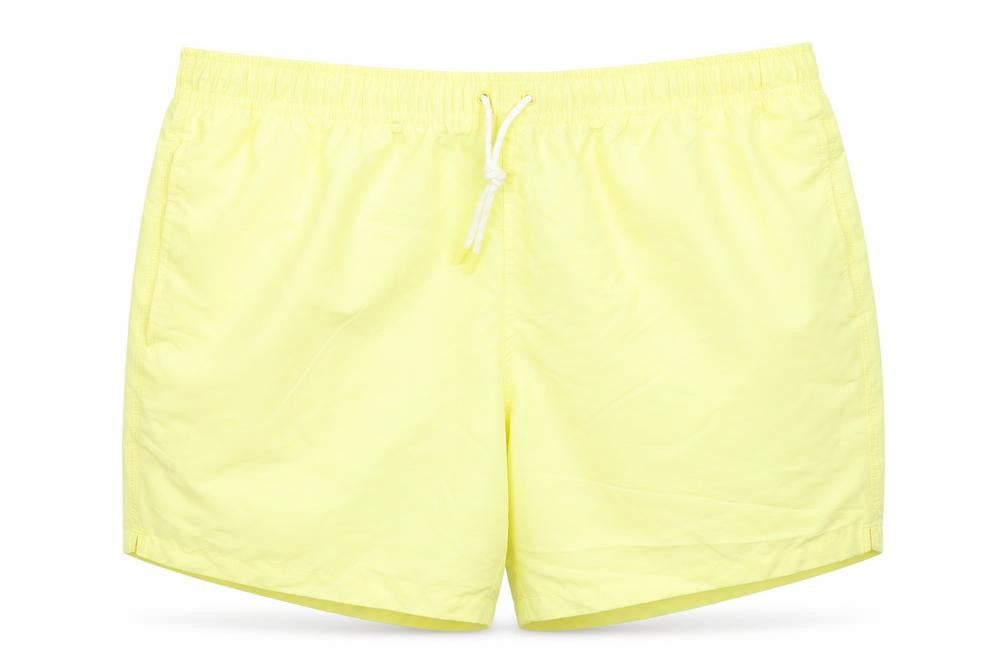 Front view of Marks & Spencer men’s yellow polyester bermuda shorts, size 3XL, 6-inch leg regular drawstring