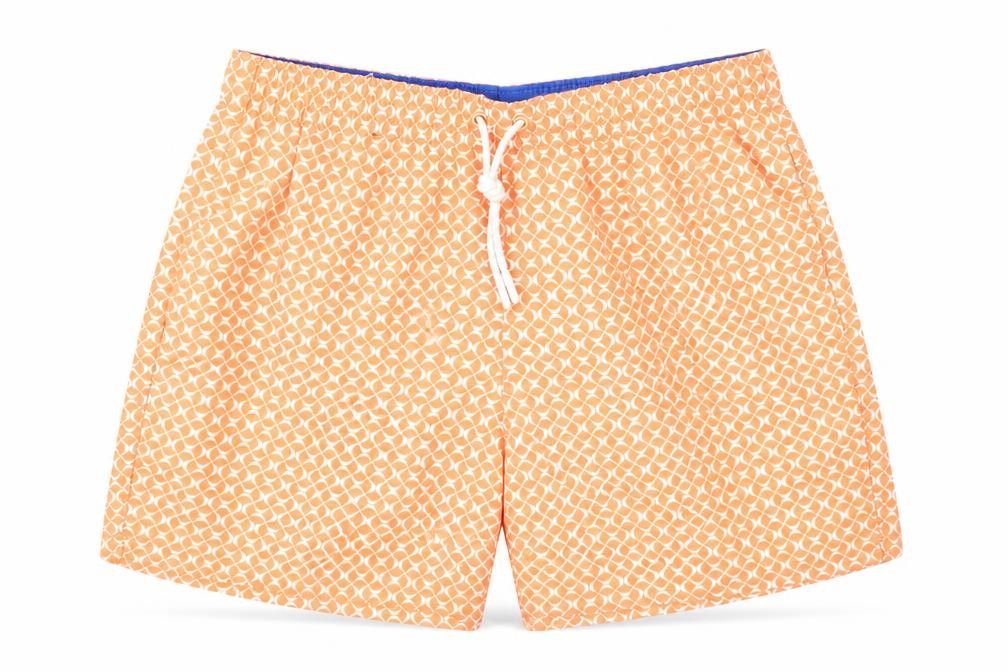 Front view of Marks & Spencer men’s orange geometric polyester bermuda shorts, size S, 6-inch leg regular drawstring