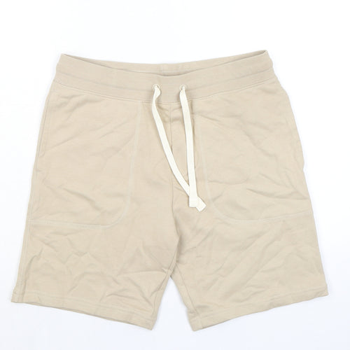 Marks and Spencer Mens Beige Cotton Sweat Shorts Size S L8 in Regular Drawstring