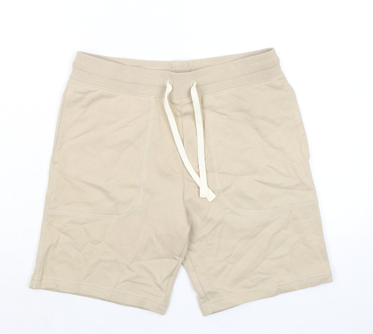 Marks and Spencer Mens Beige Cotton Sweat Shorts Size S L8 in Regular Drawstring