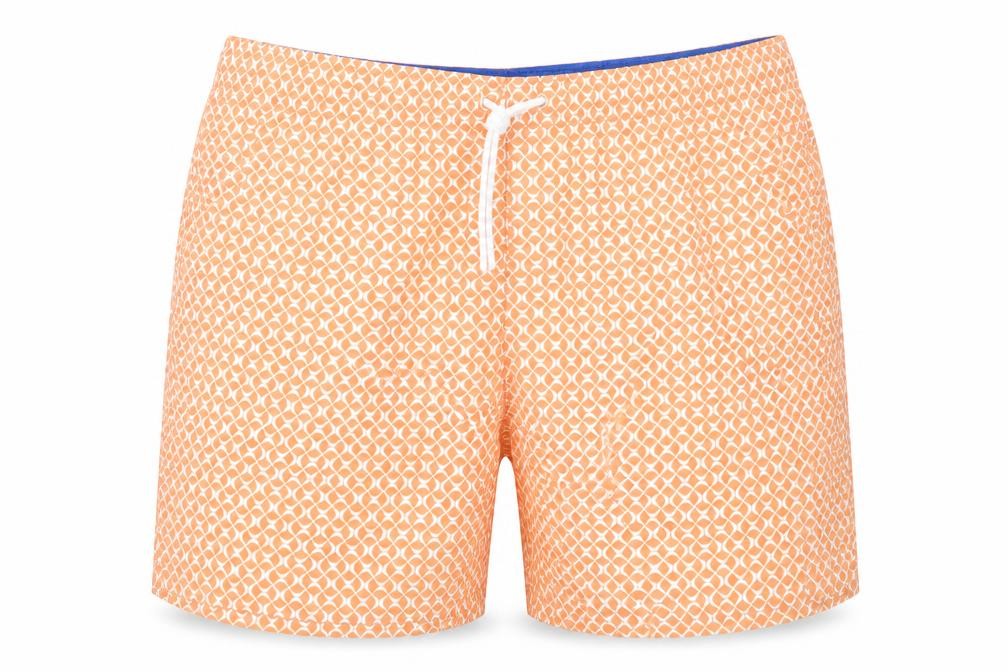 Front view of Marks & Spencer men’s orange geometric polyester bermuda shorts, size 2XL, regular drawstring - inside leg 5in