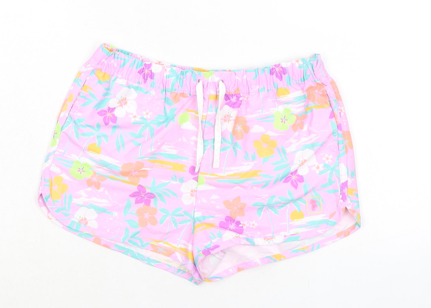 Marks and Spencer Girls Pink Floral Polyester Bermuda Shorts Size 11-12 Years Regular Drawstring - Inside Leg 1.5in