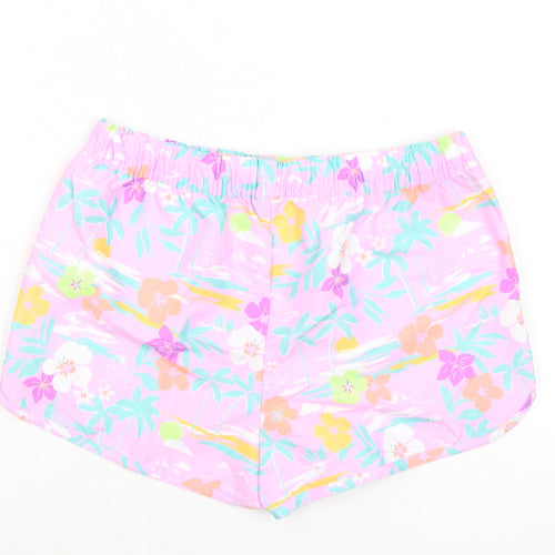 Marks and Spencer Girls Pink Floral Polyester Bermuda Shorts Size 11-12 Years Regular Drawstring - Inside Leg 1.5in