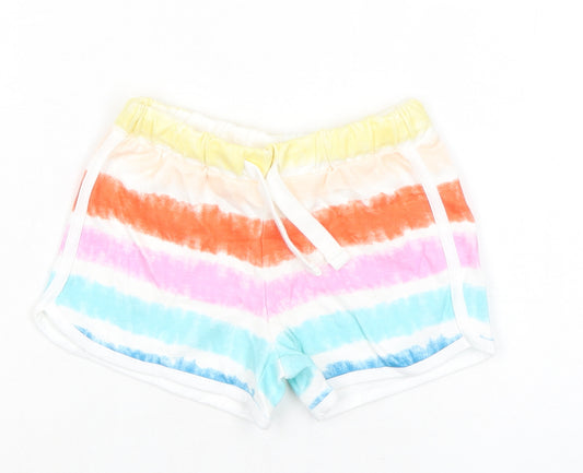 Marks and Spencer Girls Multicoloured Striped 100% Cotton Sweat Shorts Size 4-5 Years Regular Drawstring - Tie Dye, Waist 19in Inside Leg 19in