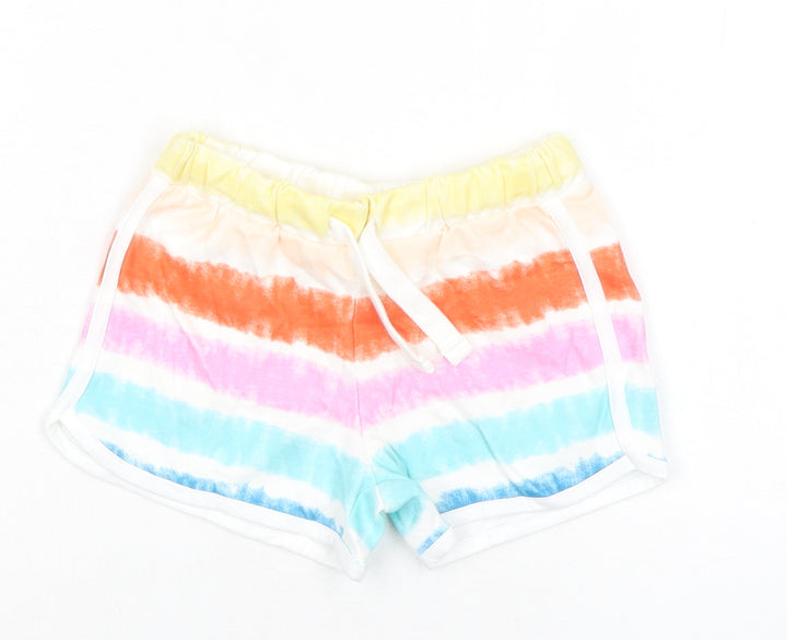 Marks and Spencer Girls Multicoloured Striped 100% Cotton Sweat Shorts Size 4-5 Years Regular Drawstring - Tie Dye, Waist 19in Inside Leg 19in