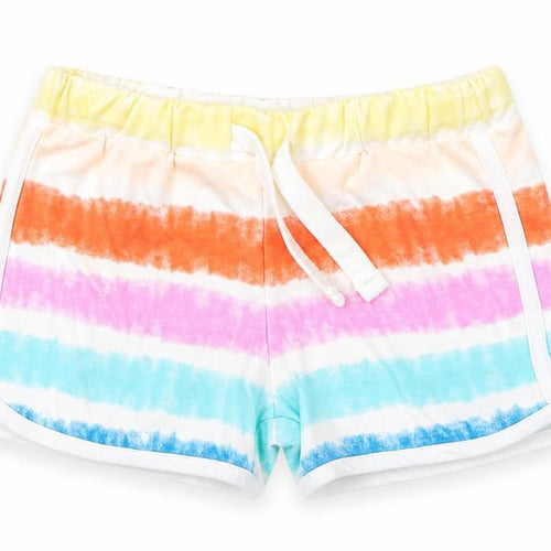 Marks and Spencer Girls Multicoloured Striped 100% Cotton Sweat Shorts Size 4-5 Years Regular Drawstring - Tie Dye, Waist 19in Inside Leg 19in