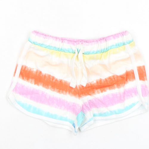 Marks and Spencer Girls Multicoloured Striped 100% Cotton Sweat Shorts Size 5-6 Years Regular Drawstring - Tie Dye, Waist 20in Inside Leg 2in