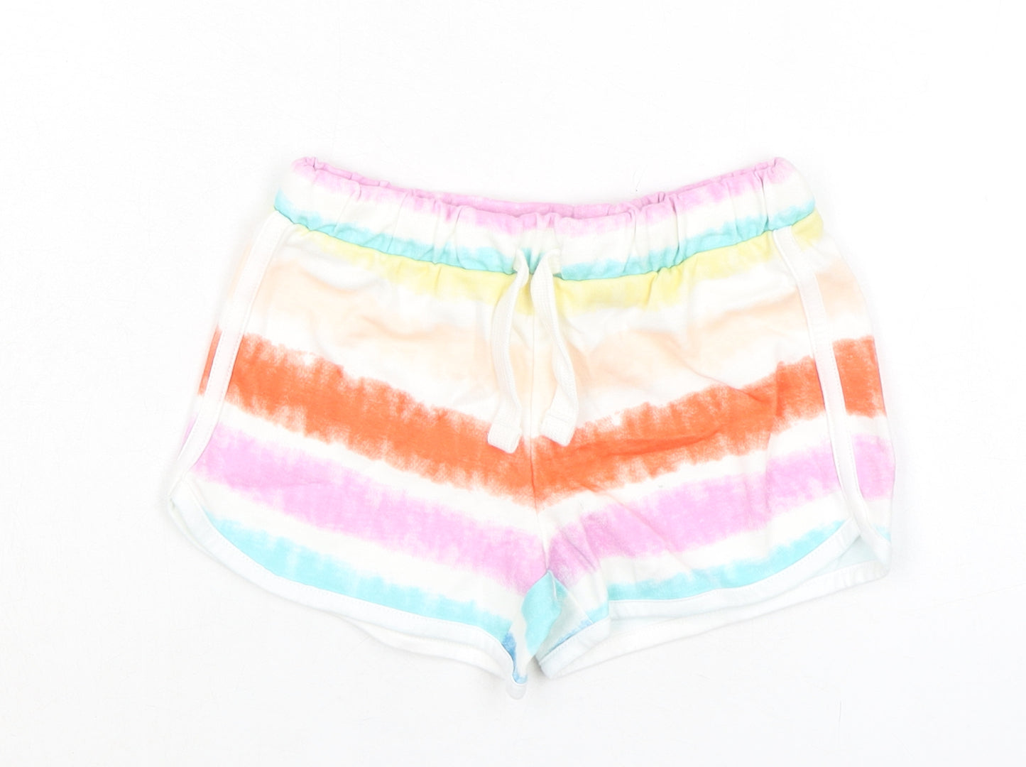 Marks and Spencer Girls Multicoloured Striped 100% Cotton Sweat Shorts Size 5-6 Years Regular Drawstring - Tie Dye, Waist 20in Inside Leg 2in