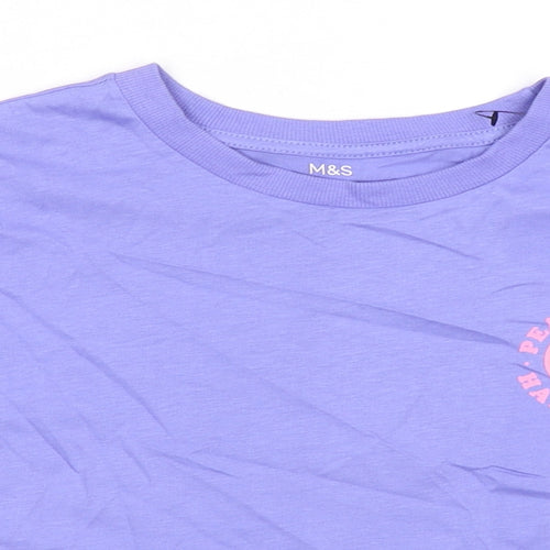 Marks and Spencer Girls Purple 100% Cotton Basic T-Shirt Size 9-10 Years Round Neck - Peace