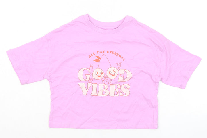 Marks and Spencer Girls Pink 100% Cotton Basic T-Shirt Size 6-7 Years Round Neck - Good Vibes