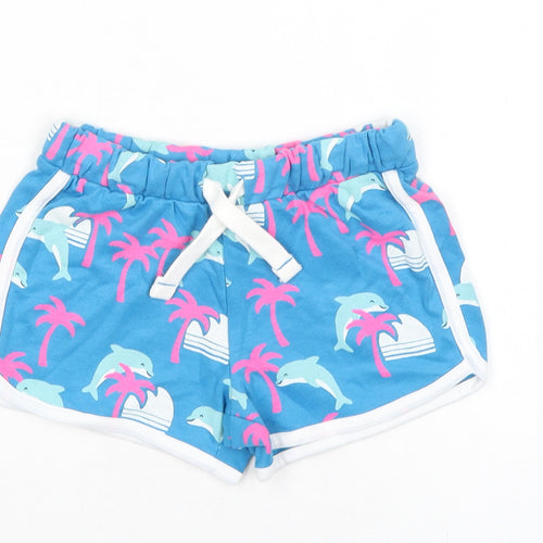 Marks and Spencer Girls Blue Geometric 100% Cotton Sweat Shorts Size 5-6 Years Regular Drawstring - Dolphin, Palm Tree, Waist 20in Inside Leg 2in