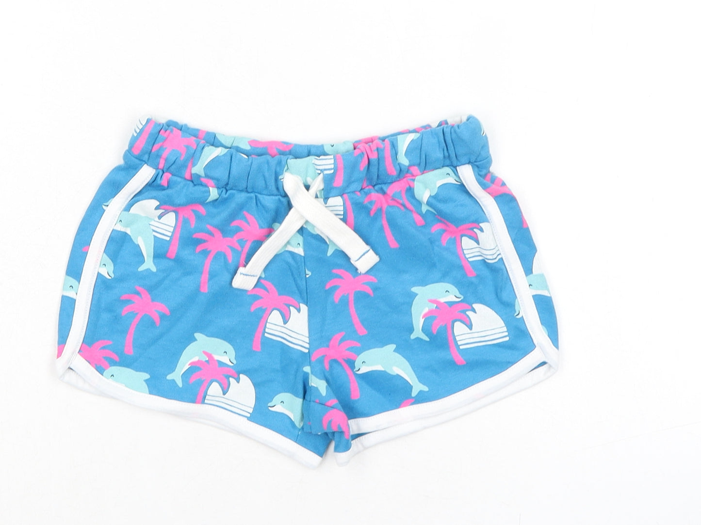 Marks and Spencer Girls Blue Geometric 100% Cotton Sweat Shorts Size 5-6 Years Regular Drawstring - Dolphin, Palm Tree, Waist 20in Inside Leg 2in