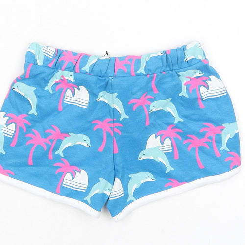 Marks and Spencer Girls Blue Geometric 100% Cotton Sweat Shorts Size 5-6 Years Regular Drawstring - Dolphin, Palm Tree, Waist 20in Inside Leg 2in