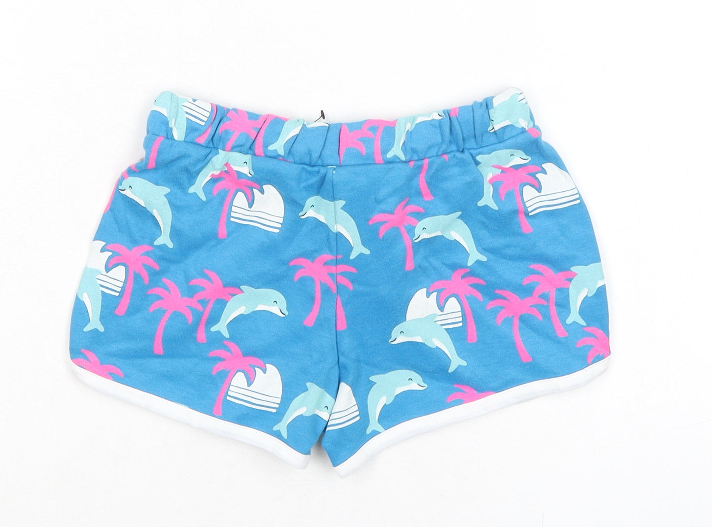 Marks and Spencer Girls Blue Geometric 100% Cotton Sweat Shorts Size 5-6 Years Regular Drawstring - Dolphin, Palm Tree, Waist 20in Inside Leg 2in