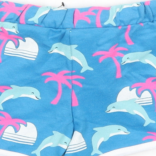 Marks and Spencer Girls Blue Geometric 100% Cotton Sweat Shorts Size 5-6 Years Regular Drawstring - Dolphin, Palm Tree, Waist 20in Inside Leg 2in