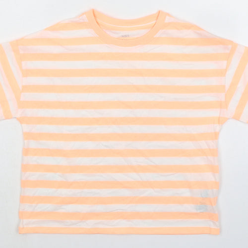 Marks and Spencer Girls Orange Striped Cotton Basic T-Shirt Size 10-11 Years Round Neck