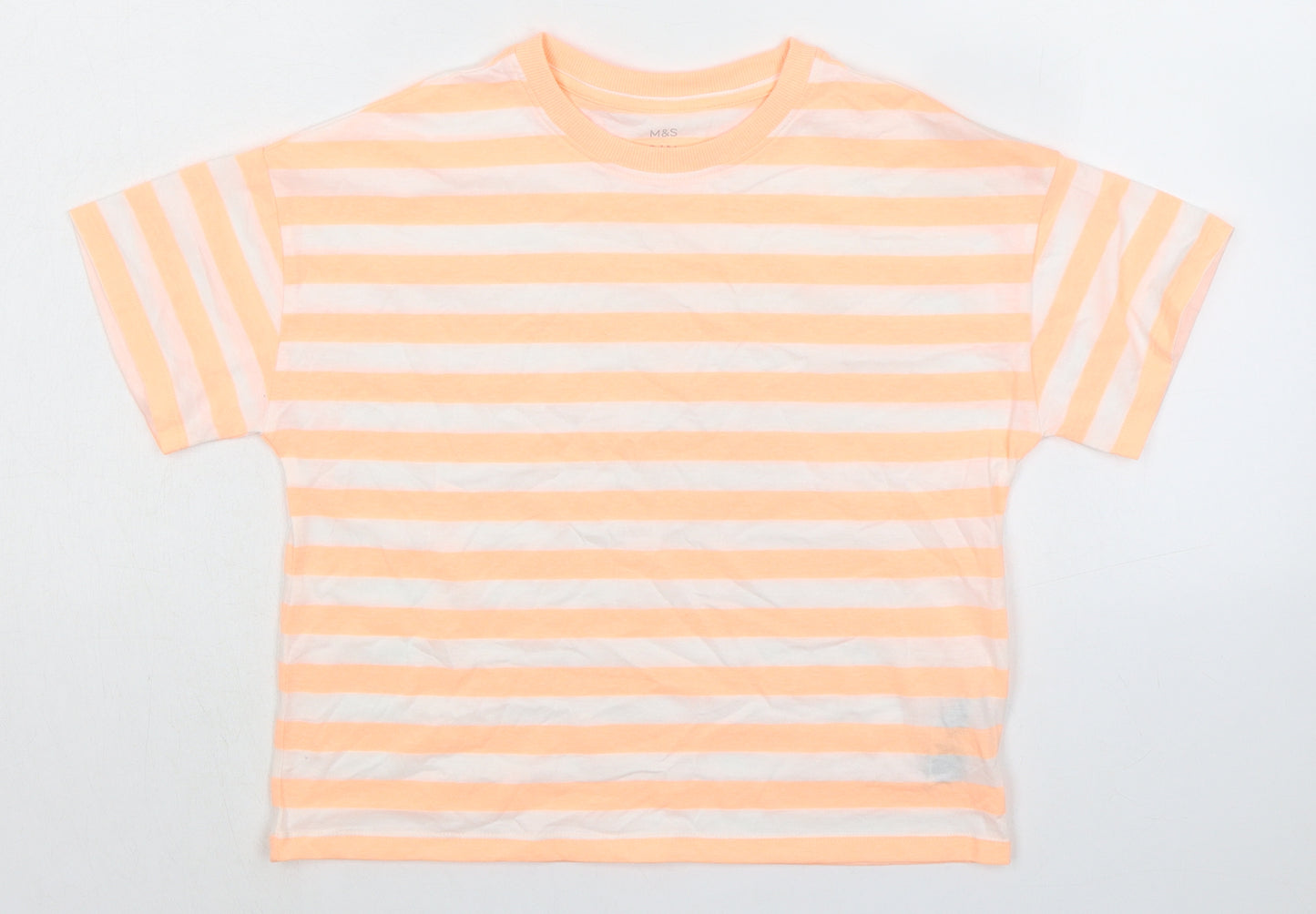 Marks and Spencer Girls Orange Striped Cotton Basic T-Shirt Size 10-11 Years Round Neck