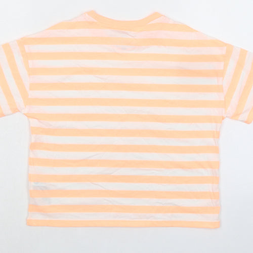 Marks and Spencer Girls Orange Striped Cotton Basic T-Shirt Size 10-11 Years Round Neck