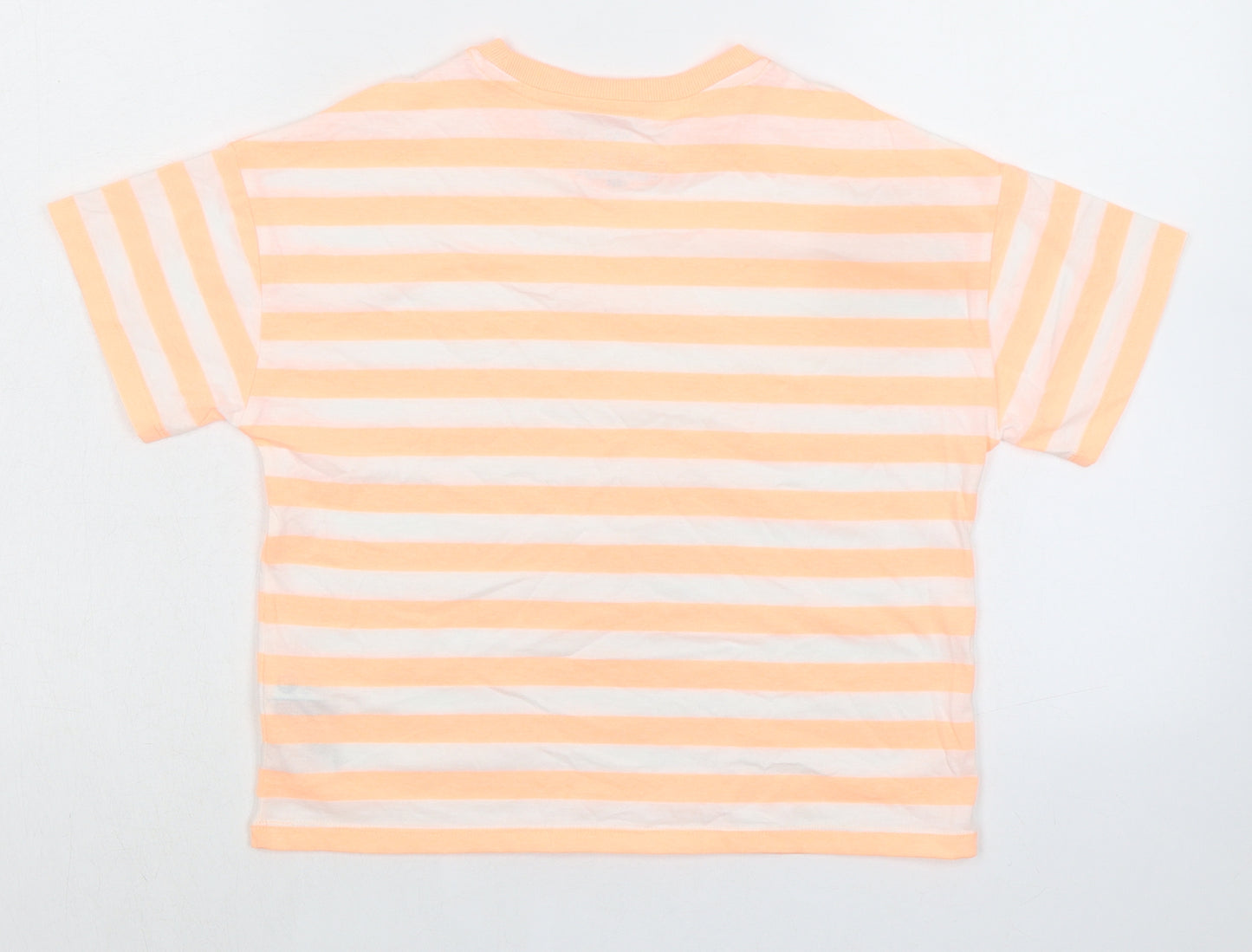 Marks and Spencer Girls Orange Striped Cotton Basic T-Shirt Size 10-11 Years Round Neck