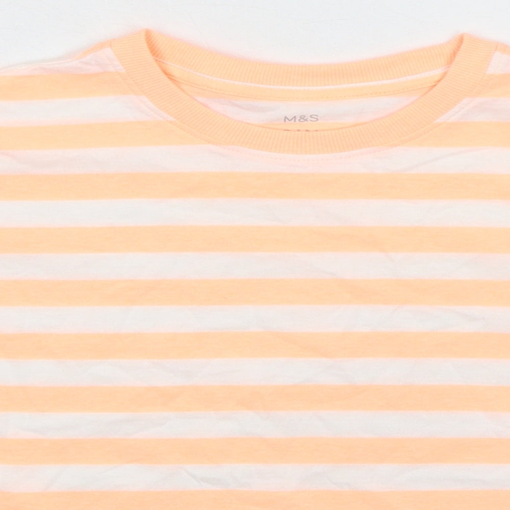 Marks and Spencer Girls Orange Striped Cotton Basic T-Shirt Size 10-11 Years Round Neck