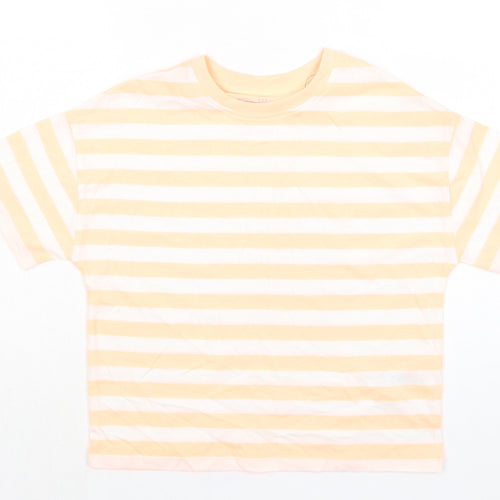 Marks and Spencer Girls Orange Striped Cotton Basic T-Shirt Size 9-10 Years Round Neck Pullover