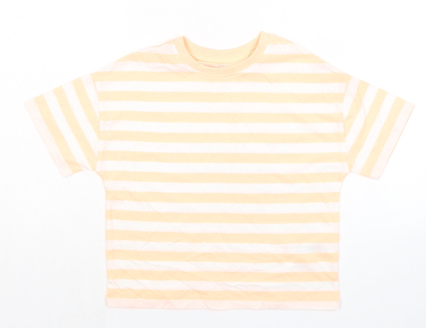 Marks and Spencer Girls Orange Striped Cotton Basic T-Shirt Size 9-10 Years Round Neck Pullover