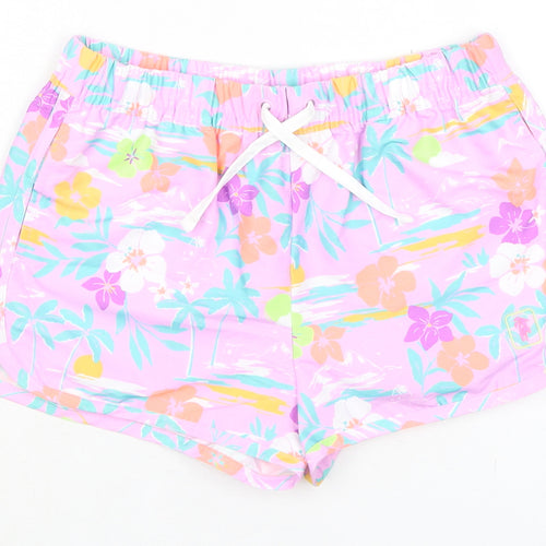 Marks and Spencer Girls Purple Floral 100% Polyester Bermuda Shorts Size 9-10 Years Regular Drawstring - Waist 24in Inside Leg 1.5in