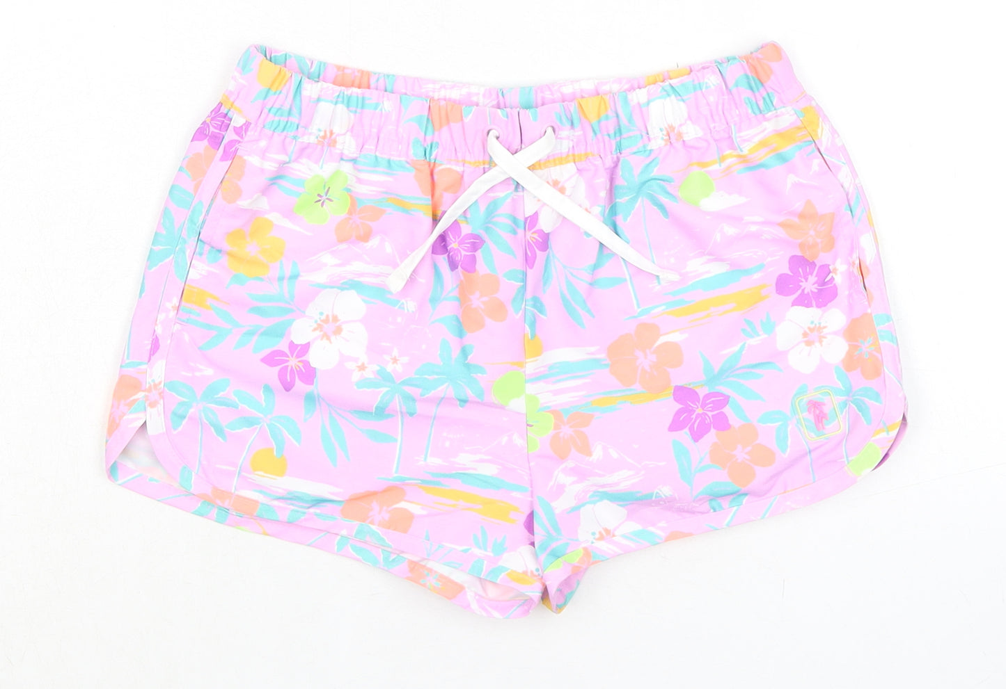 Marks and Spencer Girls Purple Floral 100% Polyester Bermuda Shorts Size 9-10 Years Regular Drawstring - Waist 24in Inside Leg 1.5in
