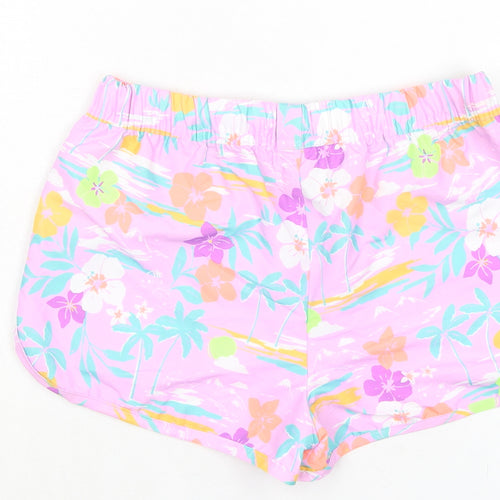 Marks and Spencer Girls Purple Floral 100% Polyester Bermuda Shorts Size 9-10 Years Regular Drawstring - Waist 24in Inside Leg 1.5in