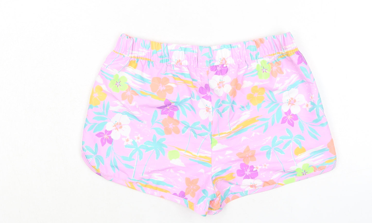 Marks and Spencer Girls Purple Floral 100% Polyester Bermuda Shorts Size 9-10 Years Regular Drawstring - Waist 24in Inside Leg 1.5in