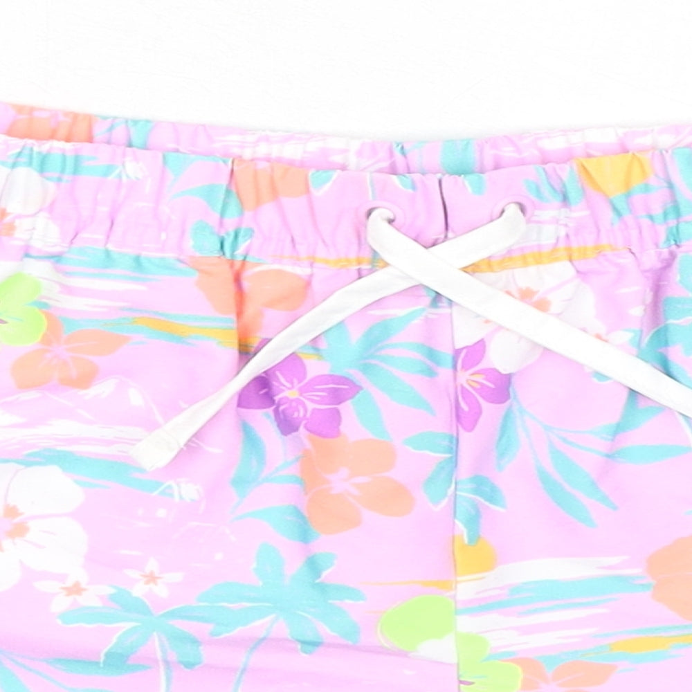 Marks and Spencer Girls Purple Floral 100% Polyester Bermuda Shorts Size 9-10 Years Regular Drawstring - Waist 24in Inside Leg 1.5in