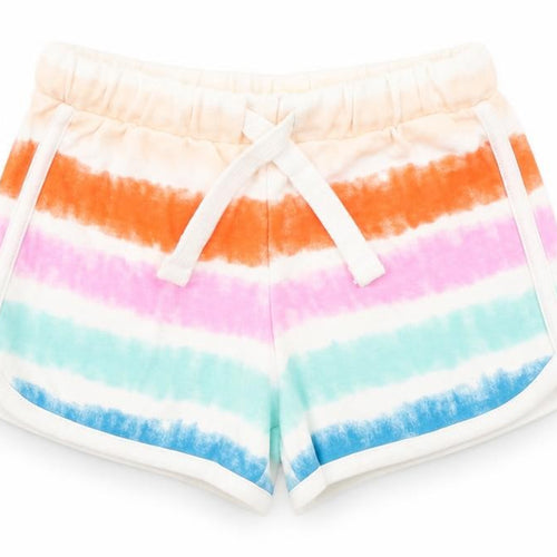 Marks and Spencer Girls Multicoloured Striped 100% Cotton Sweat Shorts Size 3-4 Years Regular Drawstring - Tie Dye, Waist 18in Inside Leg 2in