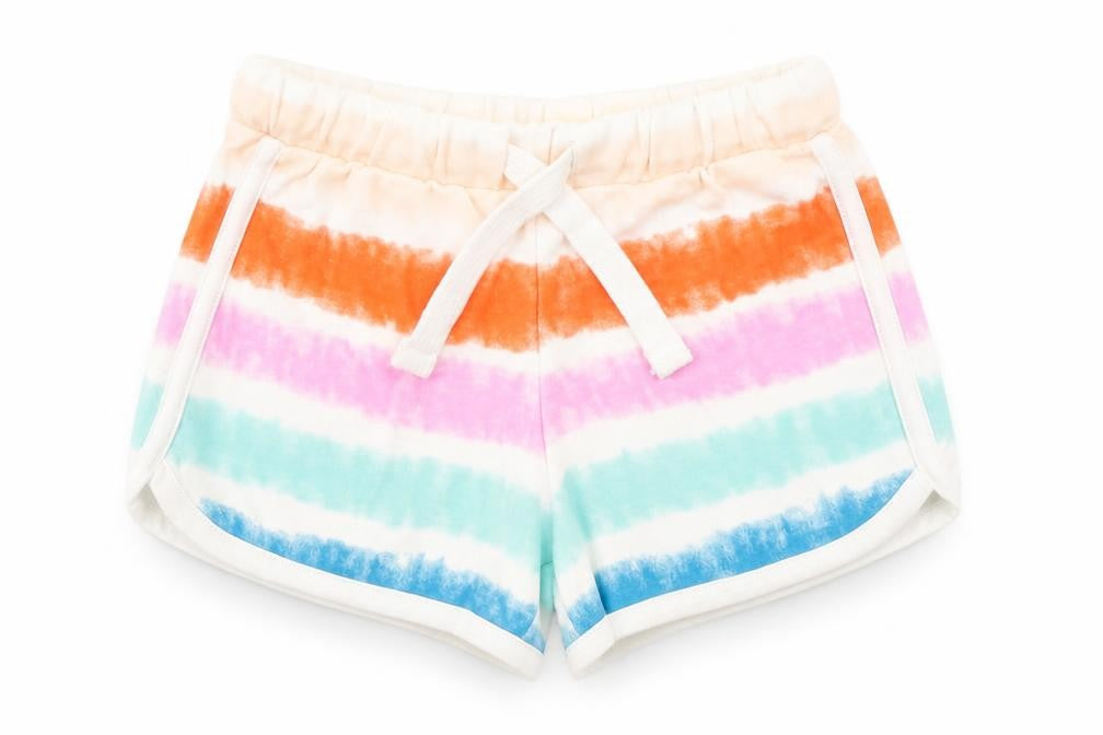 Marks and Spencer Girls Multicoloured Striped 100% Cotton Sweat Shorts Size 3-4 Years Regular Drawstring - Tie Dye, Waist 18in Inside Leg 2in