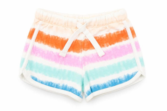 Marks and Spencer Girls Multicoloured Striped 100% Cotton Sweat Shorts Size 3-4 Years Regular Drawstring - Tie Dye, Waist 18in Inside Leg 2in