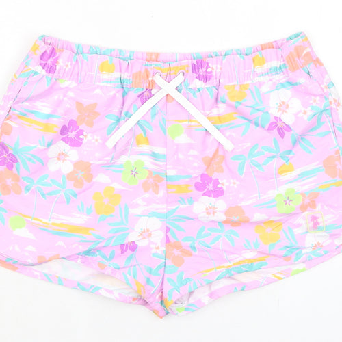 Marks and Spencer Girls Purple Floral 100% Polyester Bermuda Shorts Size 12-13 Years Regular Drawstring - Inside Leg 2in