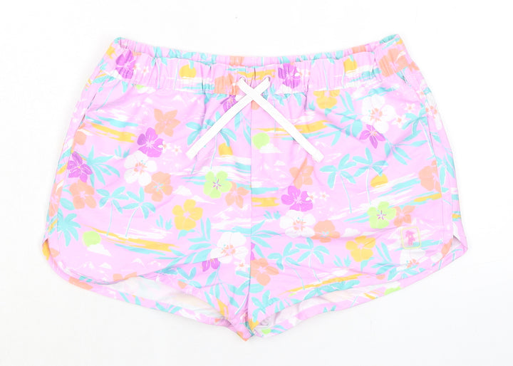 Marks and Spencer Girls Purple Floral 100% Polyester Bermuda Shorts Size 12-13 Years Regular Drawstring - Inside Leg 2in