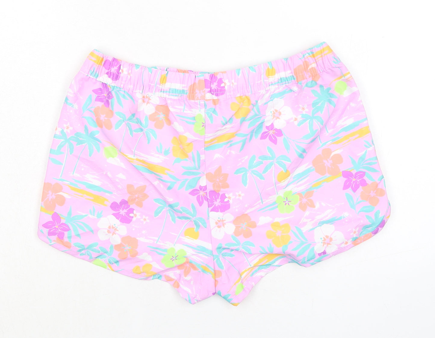 Marks and Spencer Girls Purple Floral 100% Polyester Bermuda Shorts Size 12-13 Years Regular Drawstring - Inside Leg 2in
