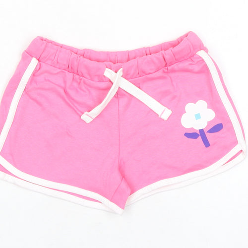 Marks and Spencer Girls Pink 100% Cotton Sweat Shorts Size 5-6 Years Regular Drawstring - Flower, Waist 20in Inside Leg 2in