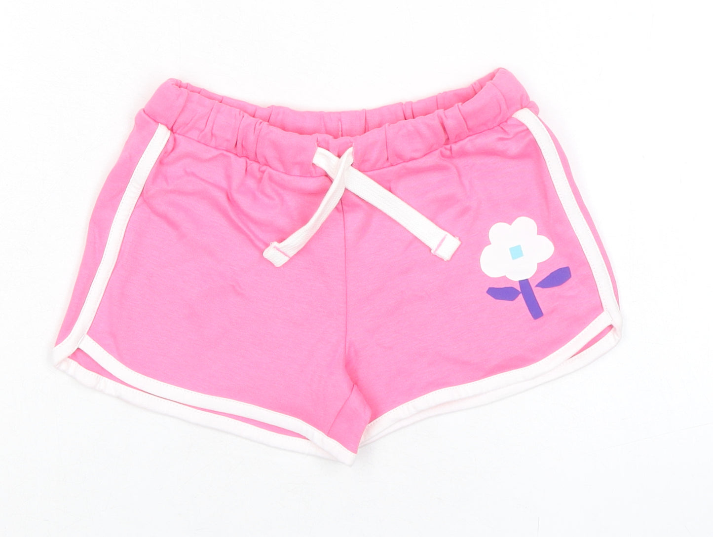 Marks and Spencer Girls Pink 100% Cotton Sweat Shorts Size 5-6 Years Regular Drawstring - Flower, Waist 20in Inside Leg 2in