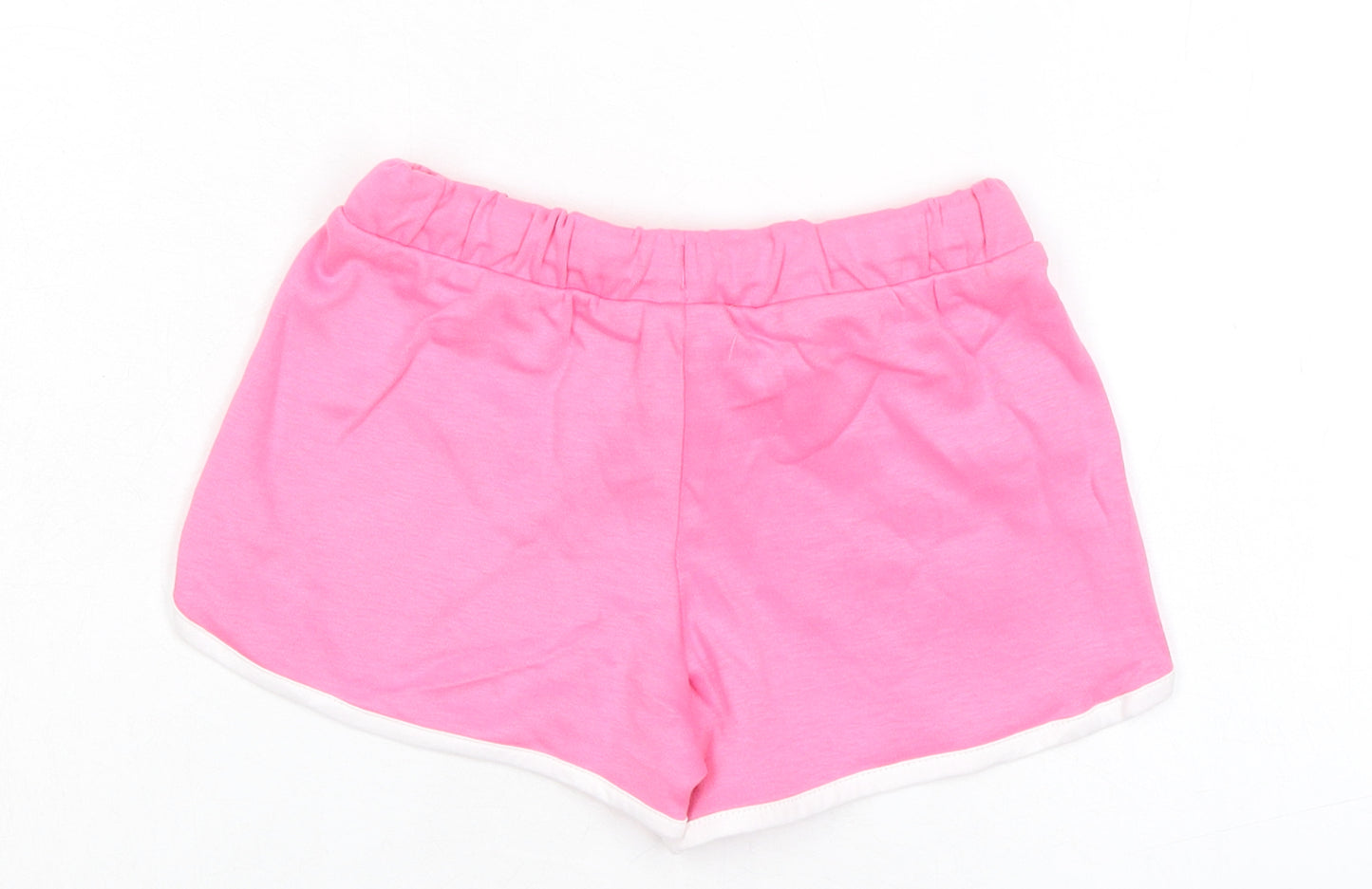 Marks and Spencer Girls Pink 100% Cotton Sweat Shorts Size 5-6 Years Regular Drawstring - Flower, Waist 20in Inside Leg 2in