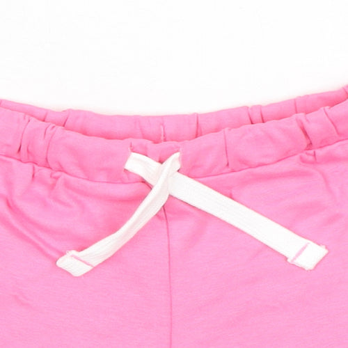 Marks and Spencer Girls Pink 100% Cotton Sweat Shorts Size 5-6 Years Regular Drawstring - Flower, Waist 20in Inside Leg 2in