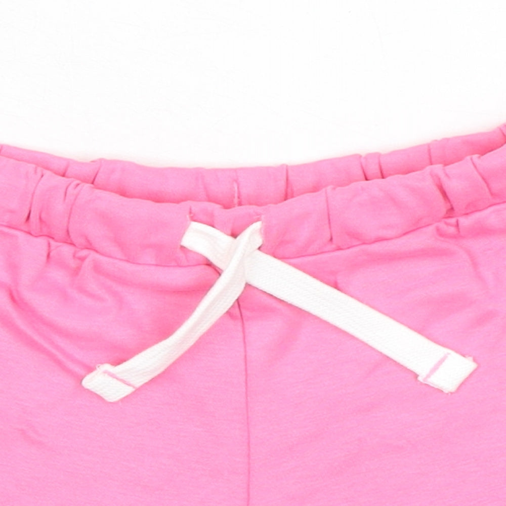 Marks and Spencer Girls Pink 100% Cotton Sweat Shorts Size 5-6 Years Regular Drawstring - Flower, Waist 20in Inside Leg 2in