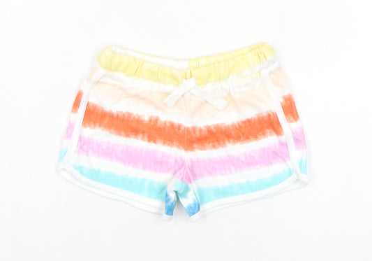 Marks and Spencer Girls Multicoloured Striped 100% Cotton Sweat Shorts Size 4-5 Years Regular Drawstring - Tie Dye, Waist 20in Inside Leg 2.5in