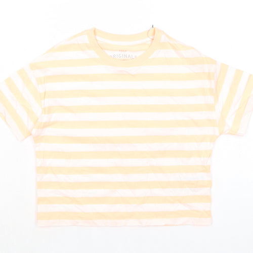 Marks and Spencer Girls Orange Striped Cotton Basic T-Shirt Size 7-8 Years Round Neck Pullover