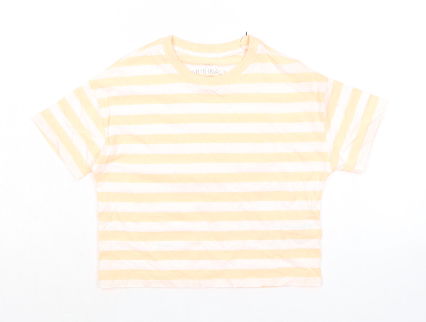 Marks and Spencer Girls Orange Striped Cotton Basic T-Shirt Size 7-8 Years Round Neck Pullover