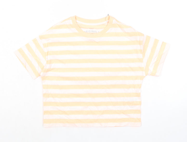 Marks and Spencer Girls Orange Striped Cotton Basic T-Shirt Size 7-8 Years Round Neck Pullover
