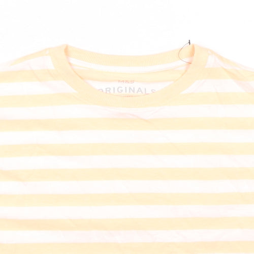 Marks and Spencer Girls Orange Striped Cotton Basic T-Shirt Size 7-8 Years Round Neck Pullover